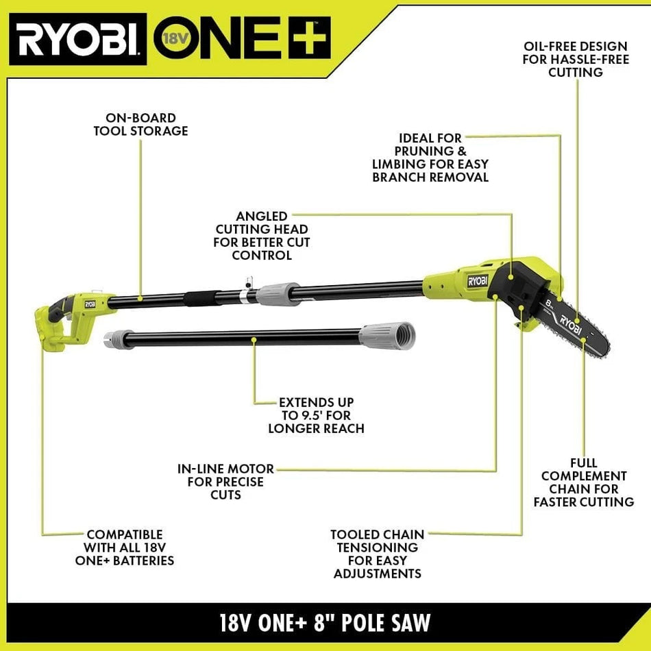 USED + RYOBI 18V 8-inch Cordless Battery Oil-Free Pole Saw Tool Only Great Condition
