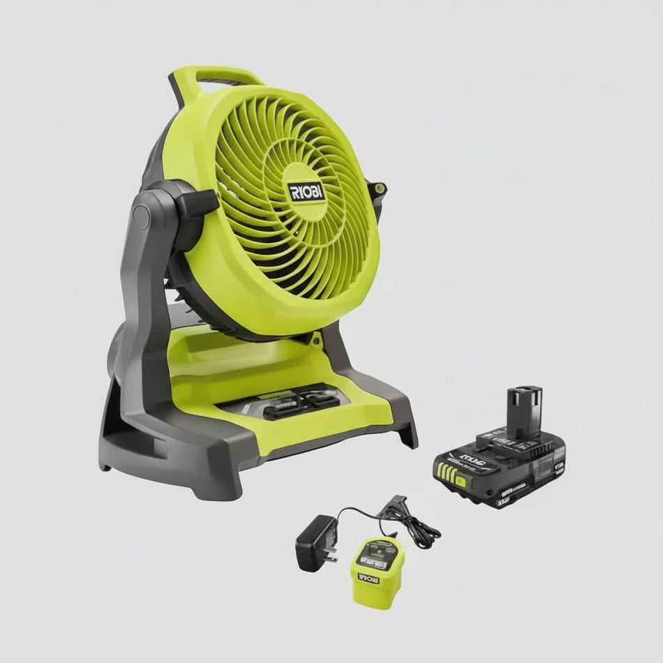 Green and gray fan with accessories on a light gray background