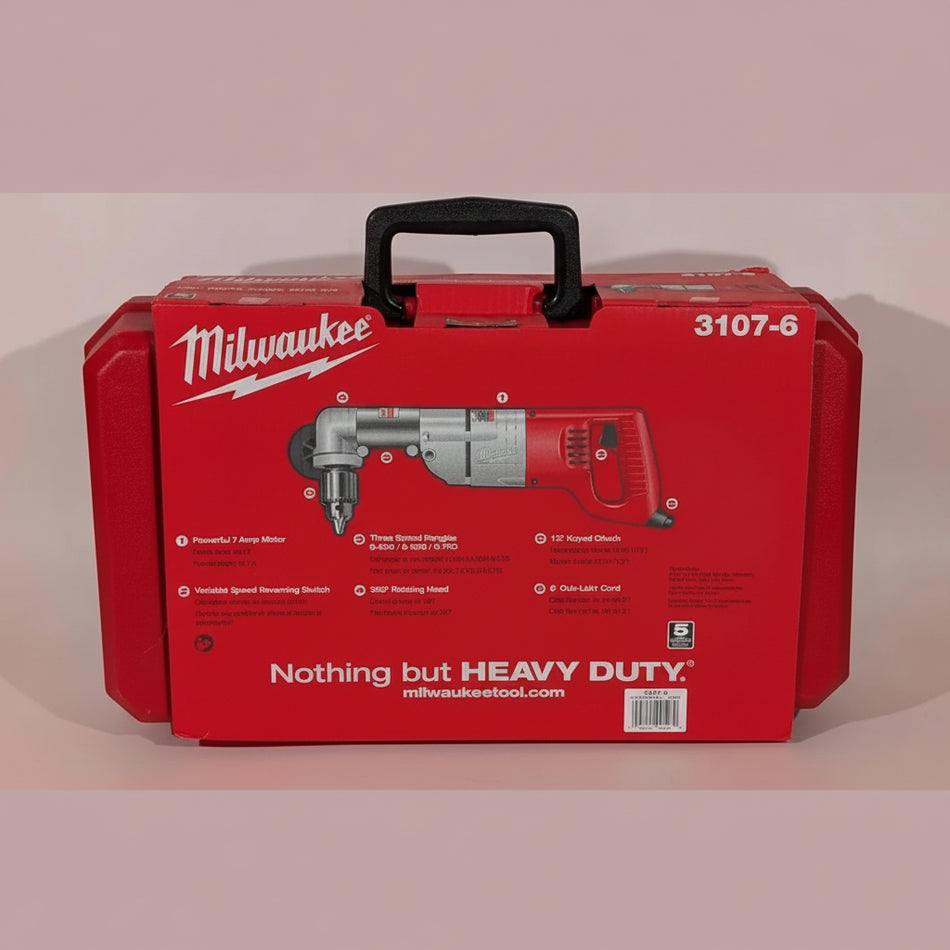 Red Milwaukee tool box with a drill image on a beige background