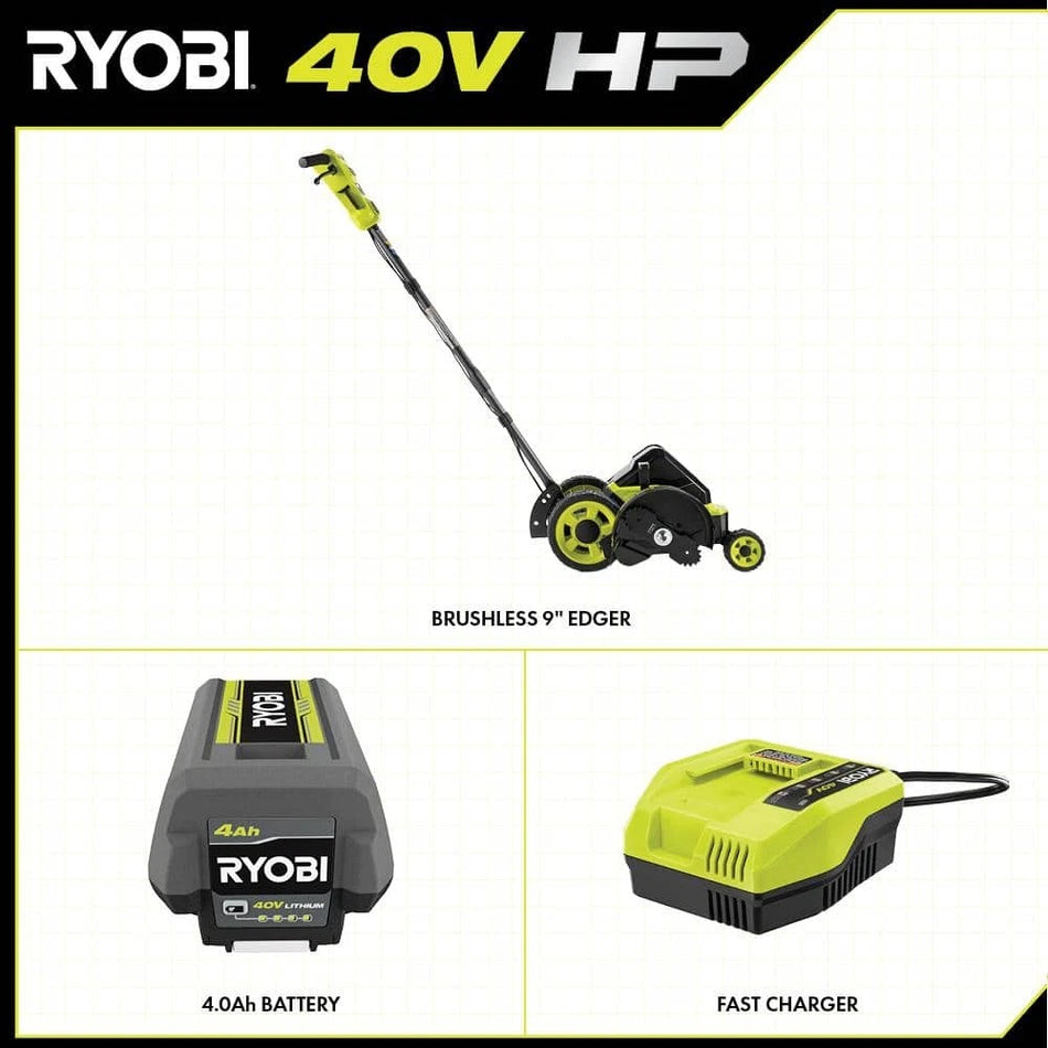 OPEN BOX Ryobi RY40760VNM 40V Brushless 9 in. Cordless Edger & 4.0 Ah battery charger