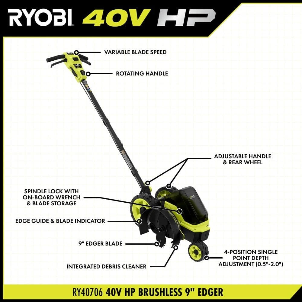 OPEN BOX Ryobi RY40760VNM 40V Brushless 9 in. Cordless Edger & 4.0 Ah battery charger