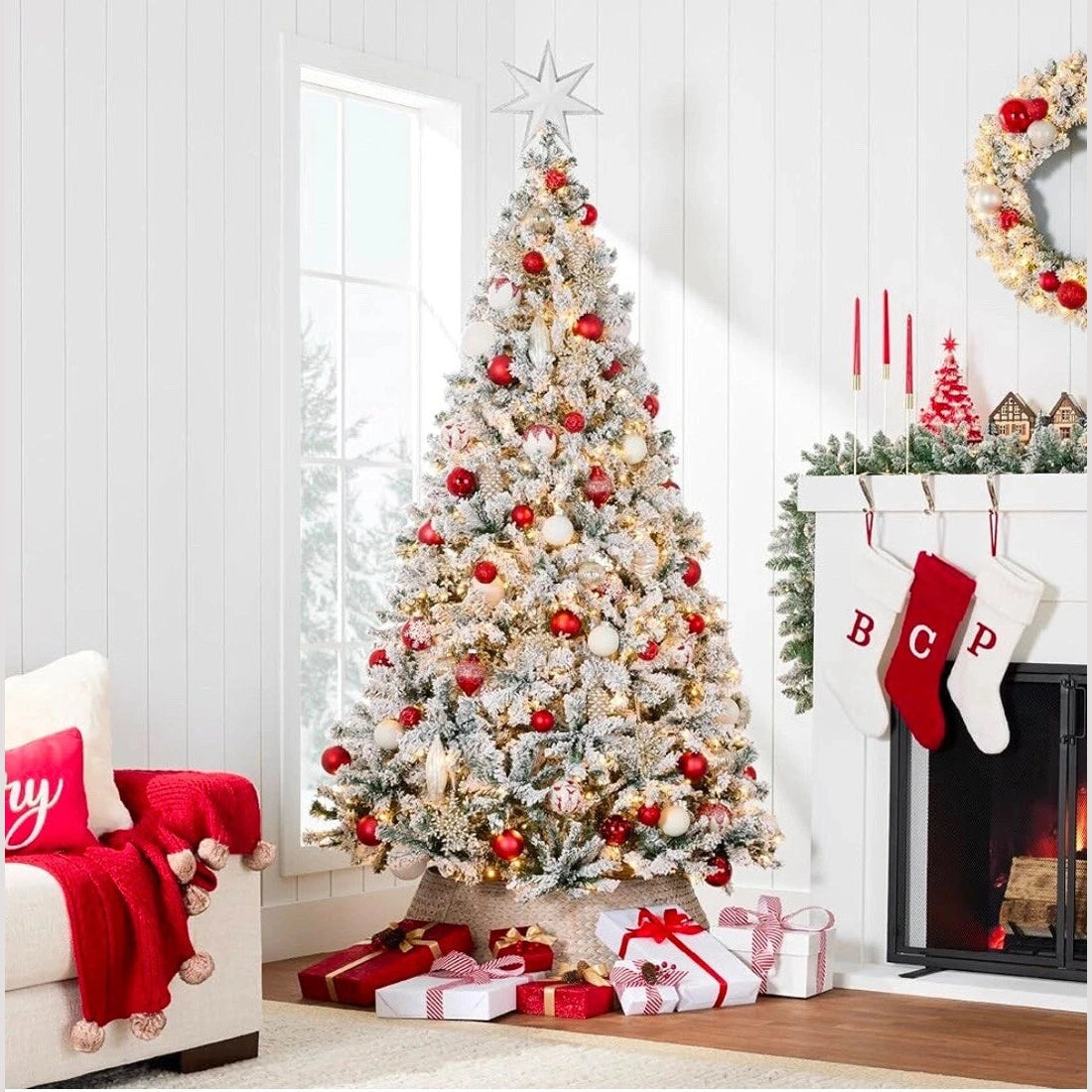 NEW Pre-Lit Artificial Christmas Tree, 6ft Snow Flocked Design Pine Tree Metal Stand