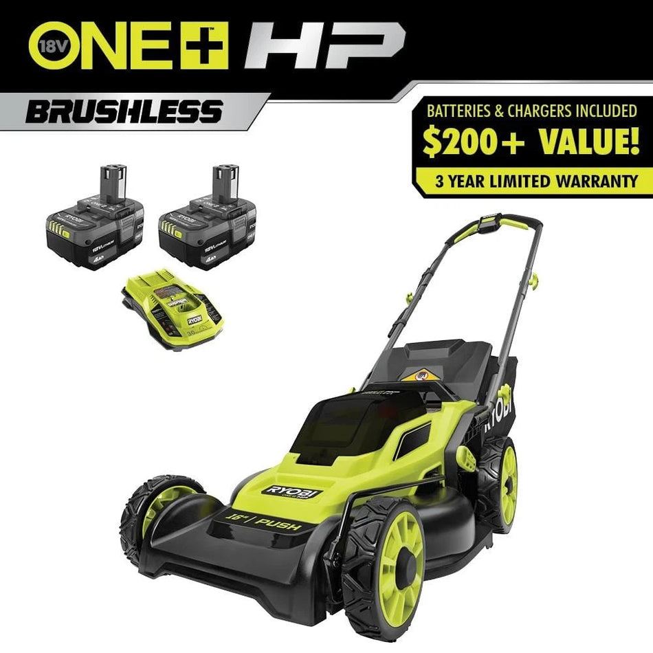 USED + RYOBI 18V 16 in Cordless Push Lawn Mower w/ 1 4.0Ah Batteries & Charger