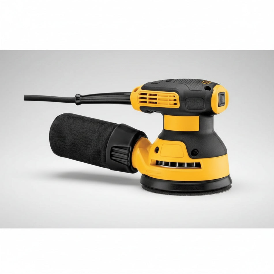 Yellow and black random orbit sander on a light gray background