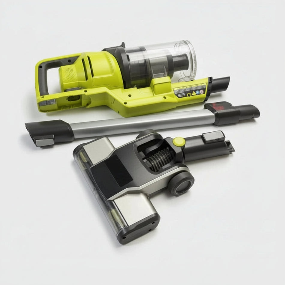 Two handheld vacuums with attachments on a white background