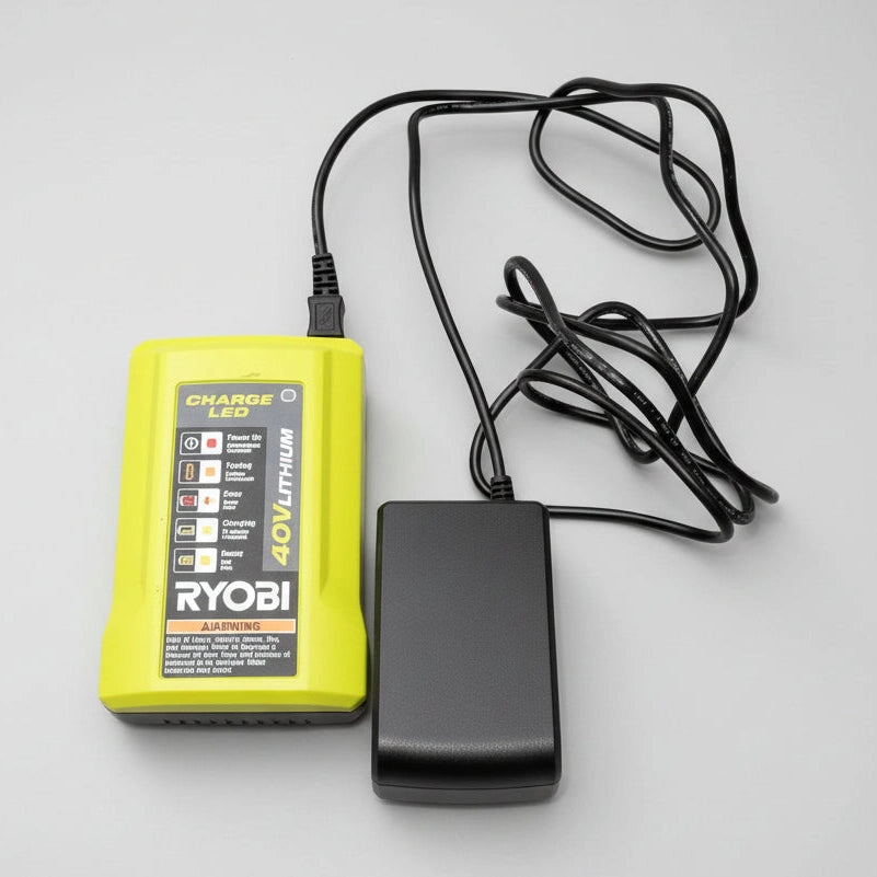 Yellow Ryobi battery pack with black charger on a wooden surface