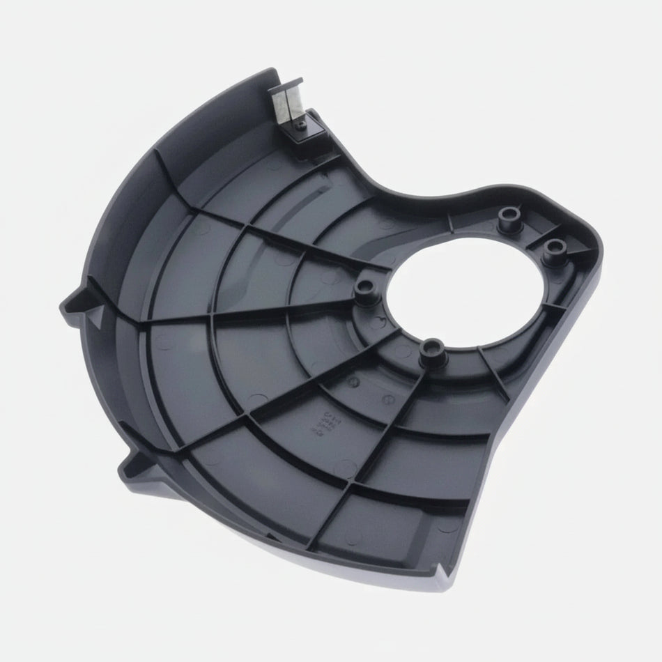 Black plastic component on a white background