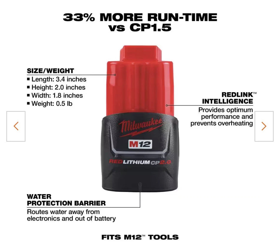 Milwaukee 48-11-2420 OPEN BOX / NEW M12 12V 2.0Ah Lithium-Ion Compact Battery Pack