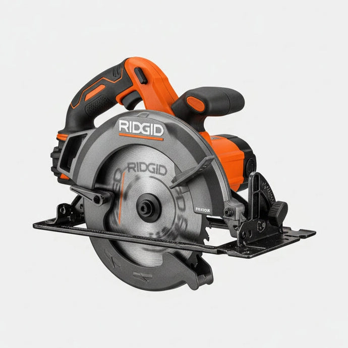 Ridgid circular saw cutting a piece of wood with text indicating speed up to 5,400 RPM.