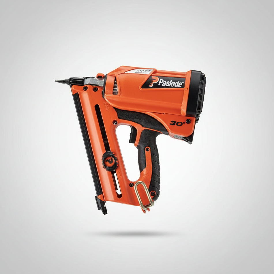 Orange Paslode nail gun on a light gray background