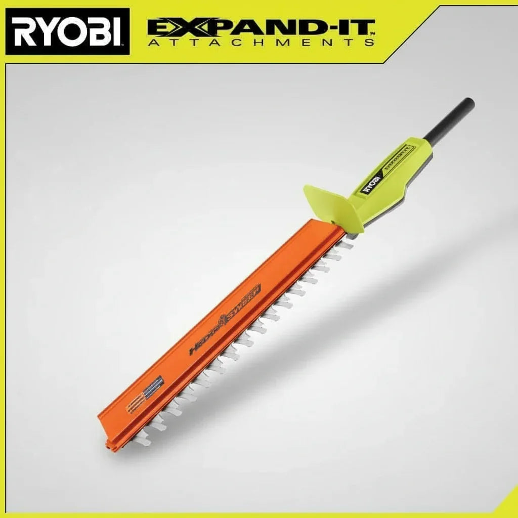 Ryobi hedge trimmer attachment with features highlighted on a white background