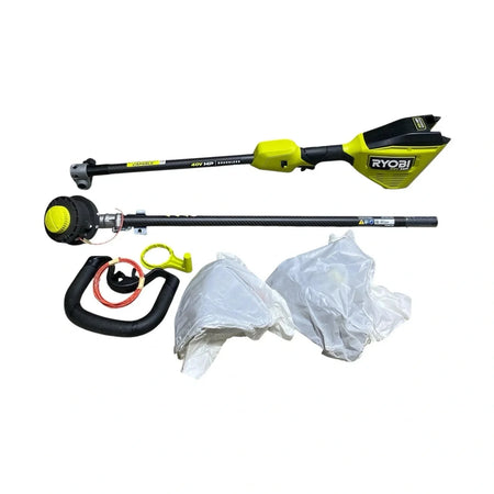 Ryobi pole pruner set with attachments on a white background