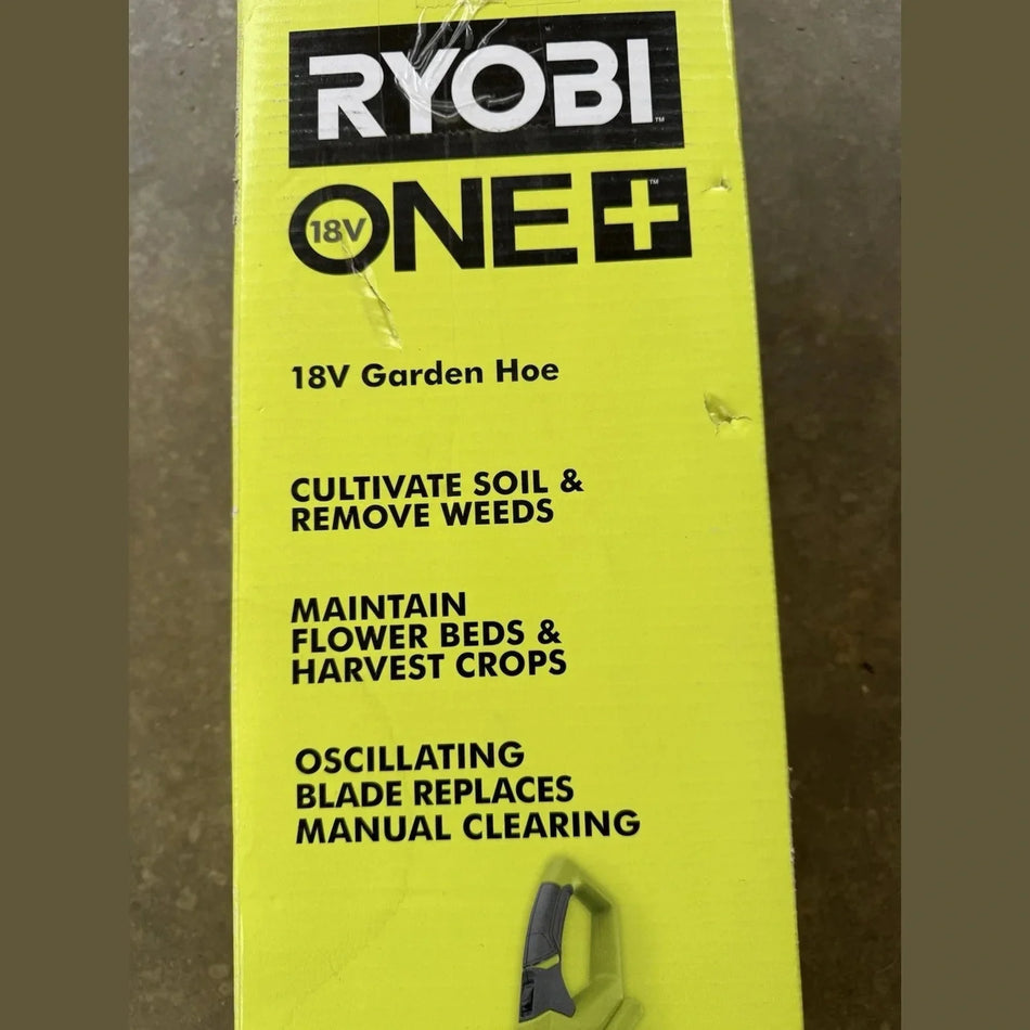 Ryobi 18V Garden Hoe packaging on a brown background