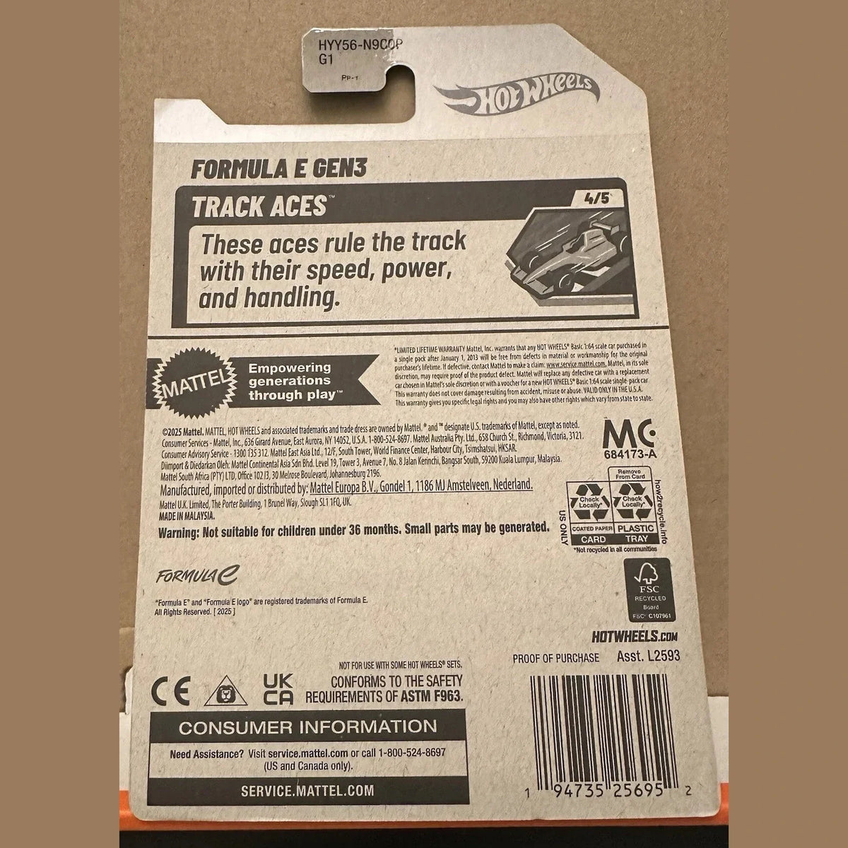 Back of a Hot Wheels toy car packaging with branding and product details.