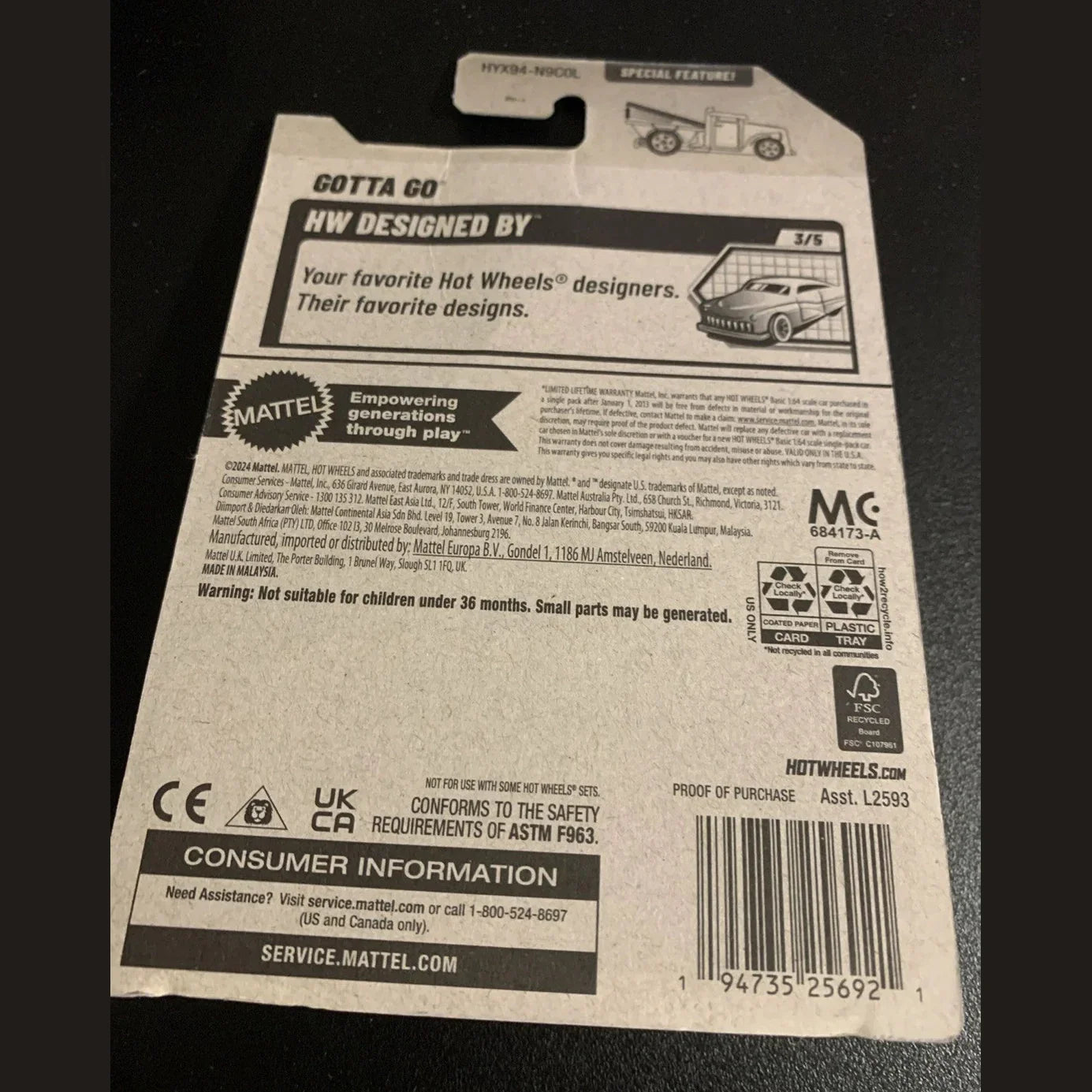 Back of a Hot Wheels toy packaging with branding and product details.