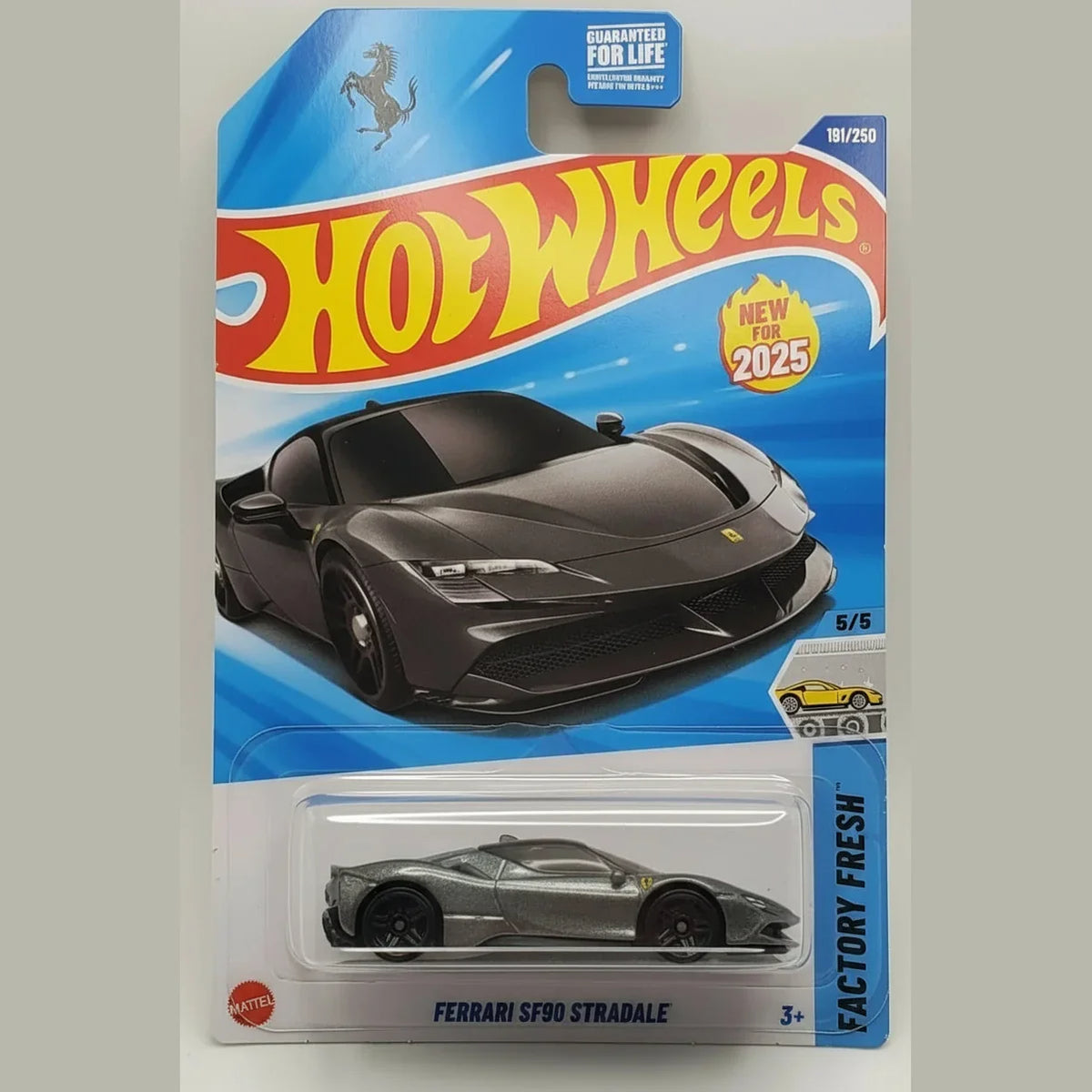 Hot Wheels Ferrari SF90 Stradale toy car in packaging with blue and red design