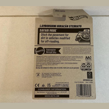 Back of a Hot Wheels Lamborghini Huracán Sterrato toy car packaging with branding and product details.