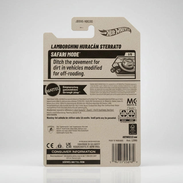 Back of a Hot Wheels Lamborghini Huracán Sterrato toy car packaging with branding and product details.