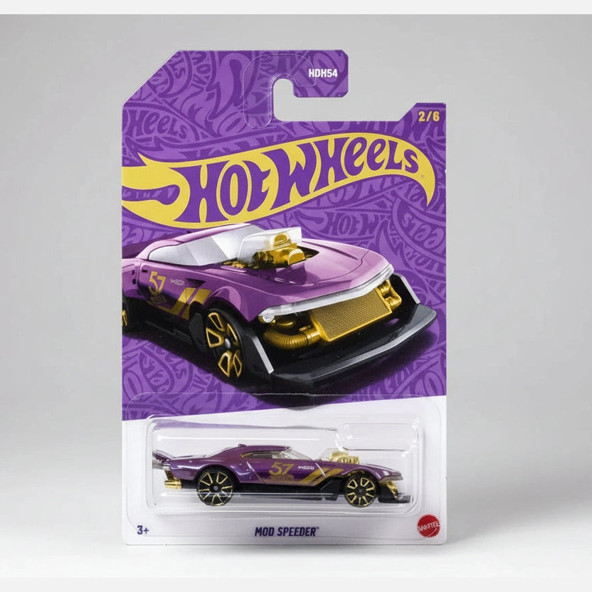 Hot Wheels Mod Speeder toy car in packaging with purple and gold design.