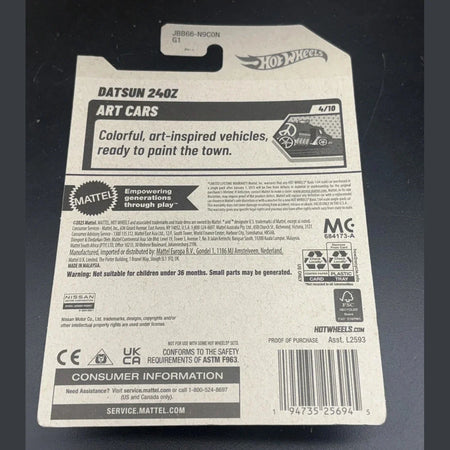Back of a Hot Wheels Datsun 240Z Art Cars packaging with branding and product details.