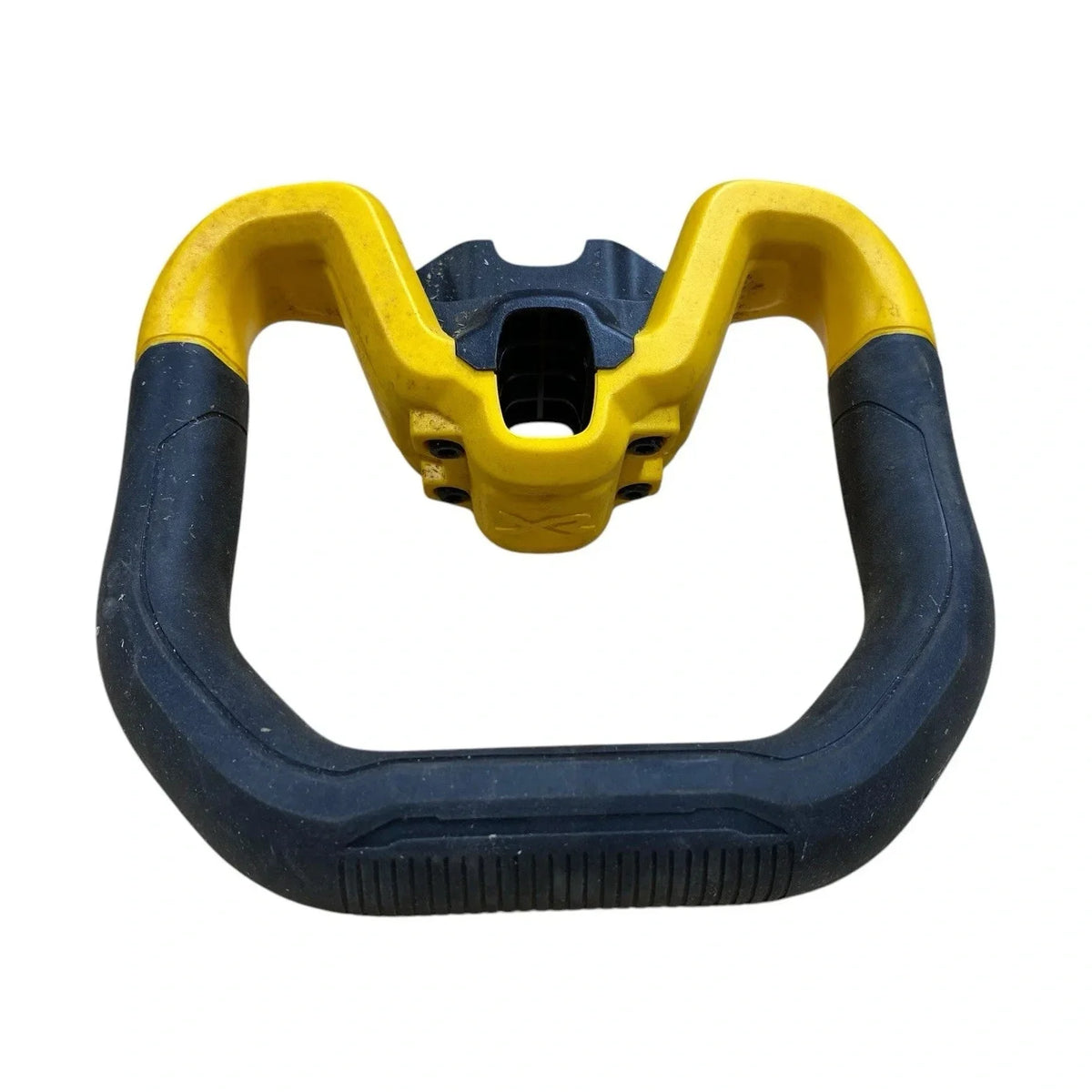 Blue and yellow U-shaped tool on a white background