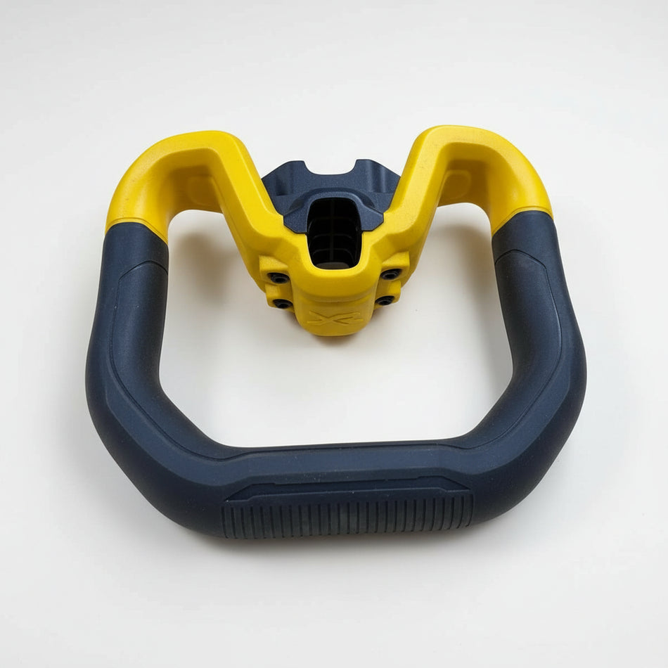 Blue and yellow car jack with a white background