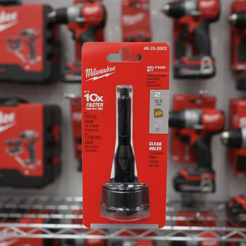 Milwaukee selfeed bit packaging with red background