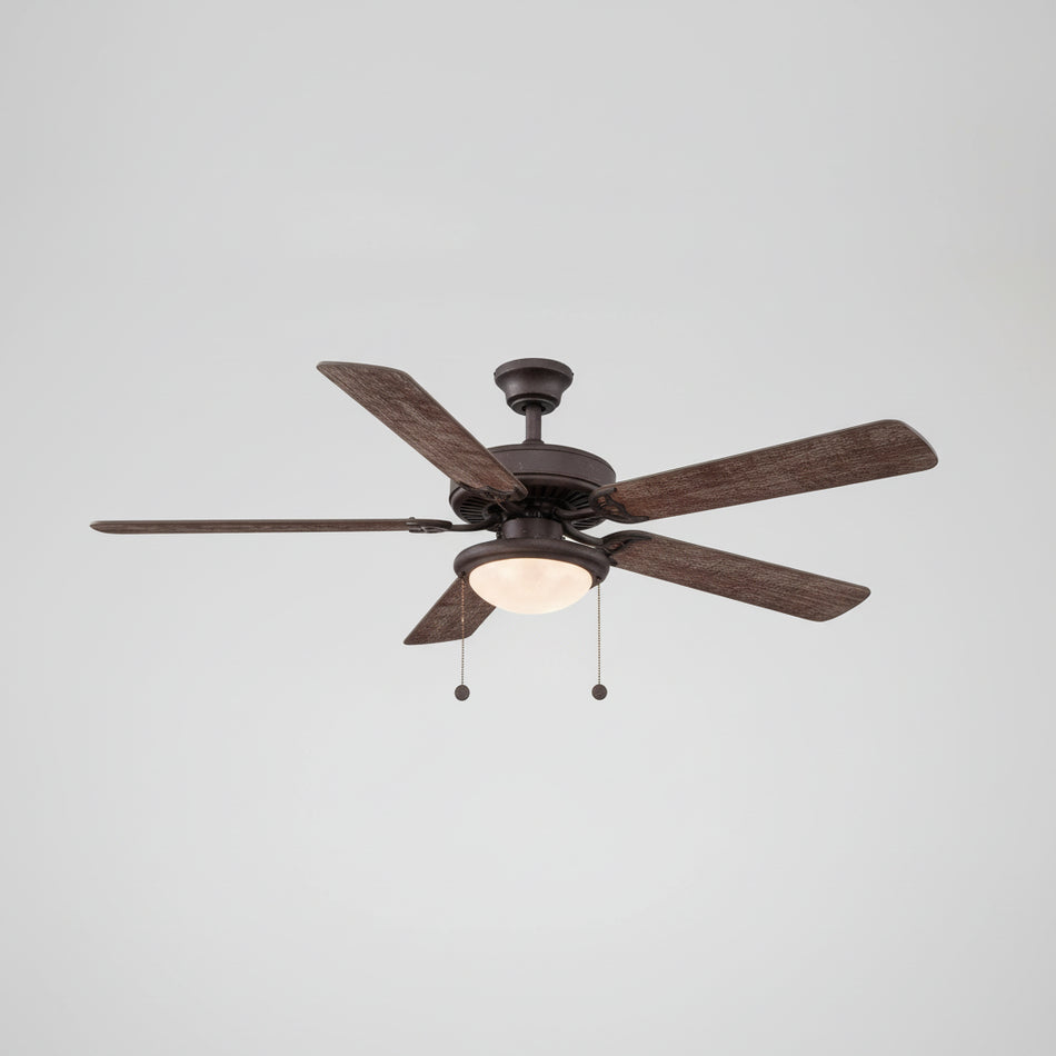 Ceiling fan with wooden blades on a white background