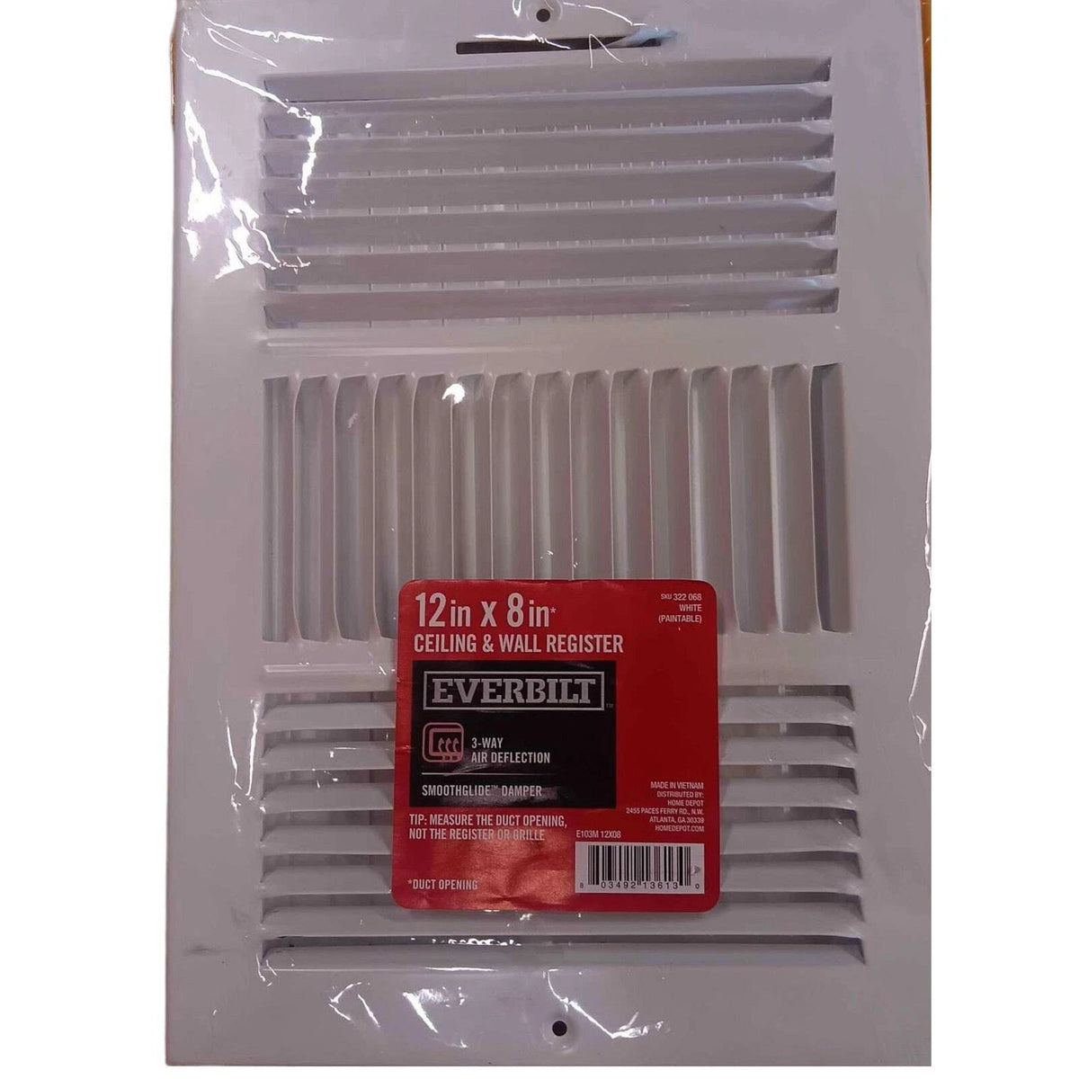 Everbilt 12 in. x 8 in. 3-Way Steel Wall/Ceiling Register in White
