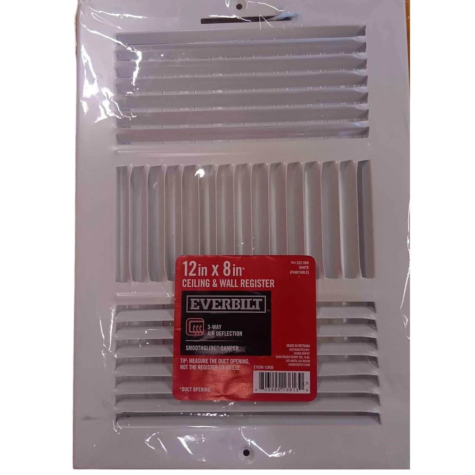 Everbilt 12 in. x 8 in. 3-Way Steel Wall/Ceiling Register in White