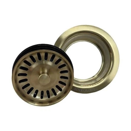 Brass kitchen sink drain with strainer on a white background
