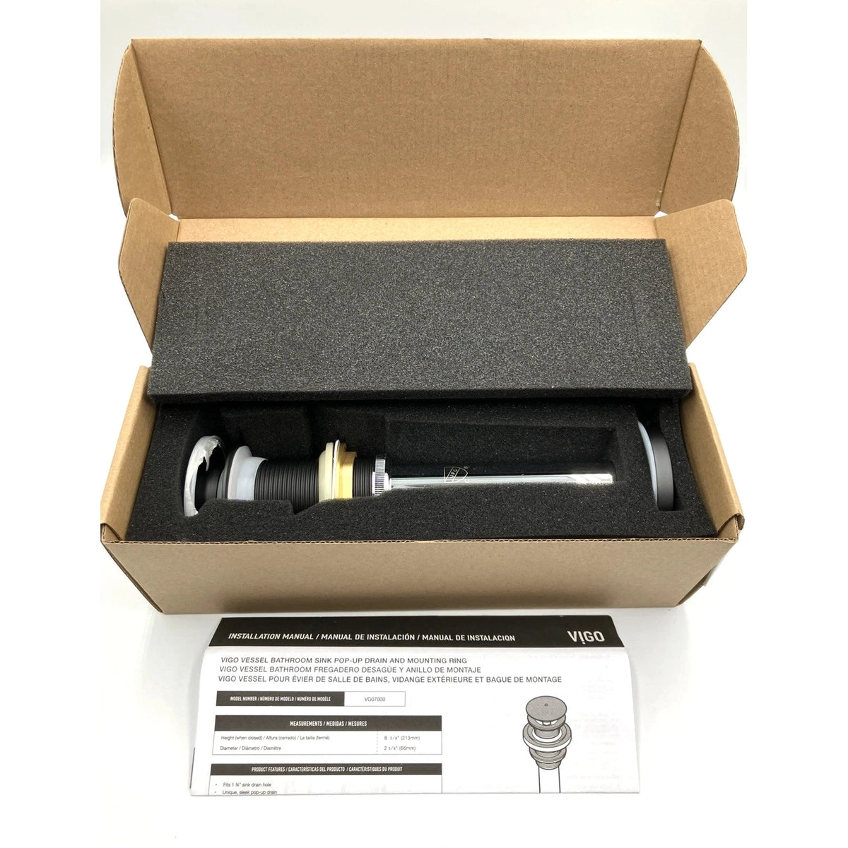 Bathroom faucet assembly in a cardboard box with VIGO branding