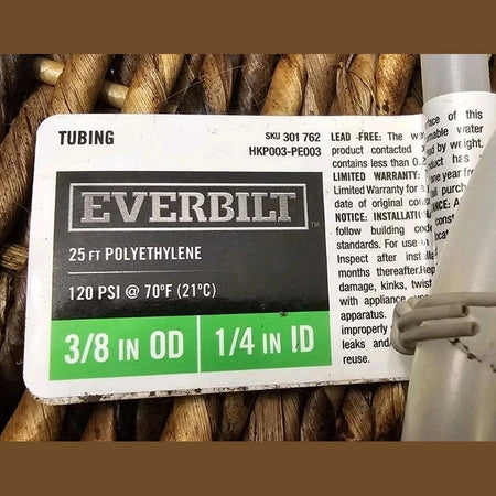 Everbilt tubing label on a woven background