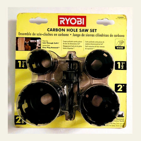 Ryobi carbon hole saw set packaging with yellow background
