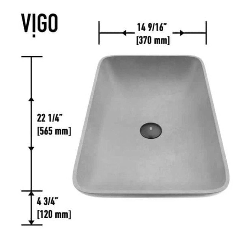 Gray rectangular sink with dimensions labeled on a white background, featuring the brand 'VIGO'.