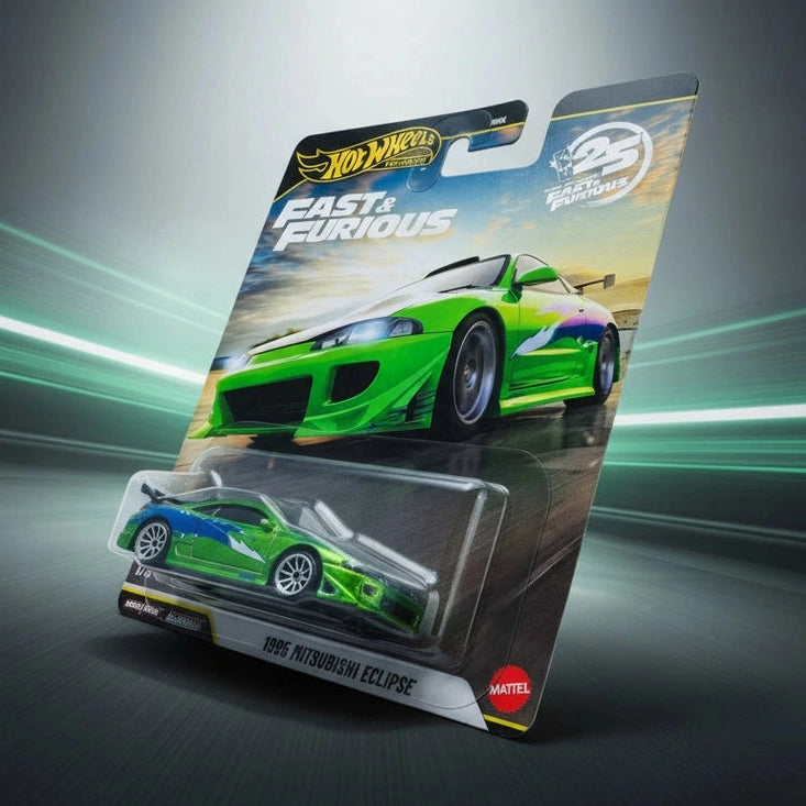 Hot Wheels 1995 Mitsubishi Eclipse toy car in packaging on a marble surface