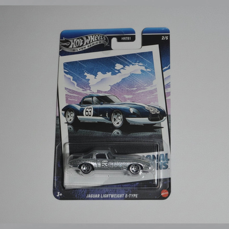 Hot Wheels Jaguar Lightweight E-Type model car in packaging on a gray background