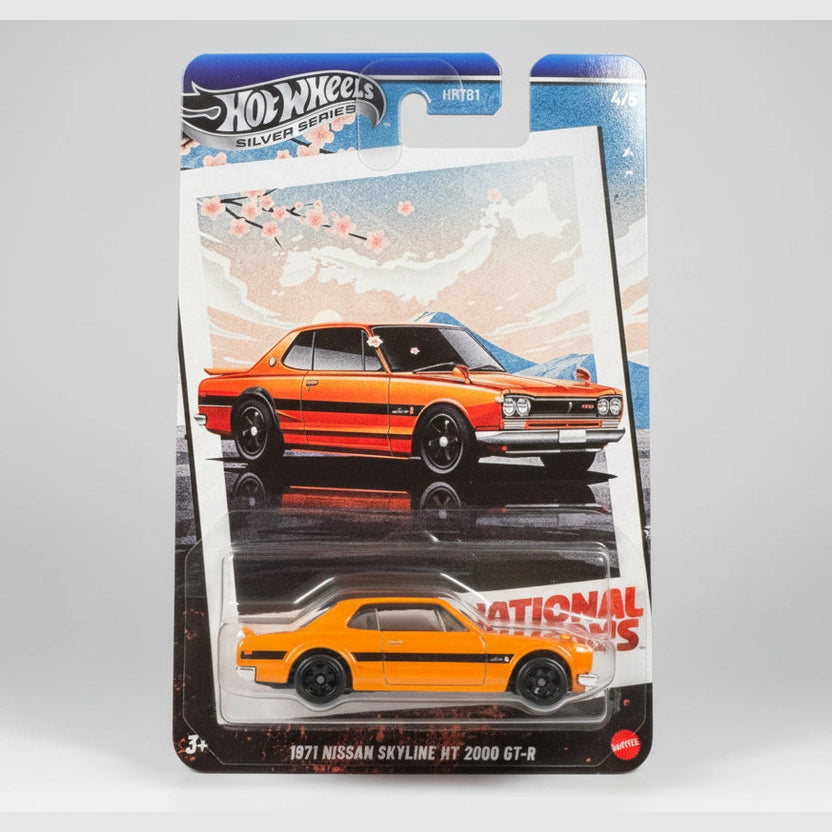 Hot Wheels 1971 Nissan Skyline GT-R toy car in packaging on a textured surface