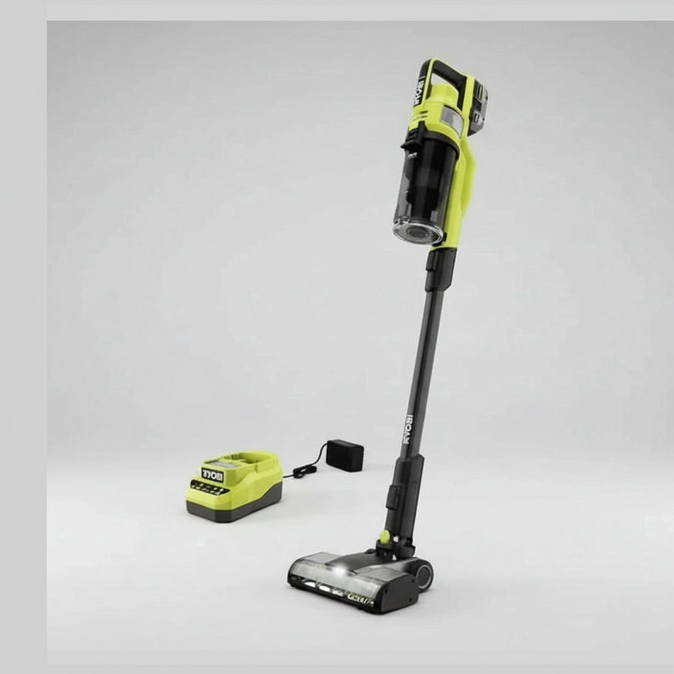 Stick vacuum cleaner with battery pack on a gray background