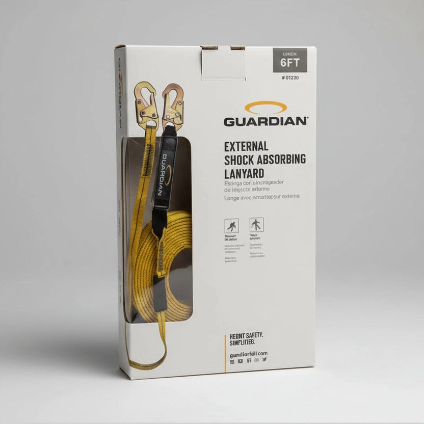 Guardian external shock absorbing lanyard packaging on a gray background