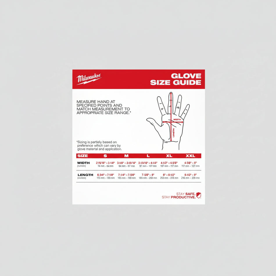 Milwaukee glove size guide with hand measurement illustration and size chart.