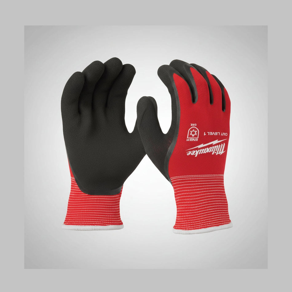 Red and black gloves with feature text on a white background