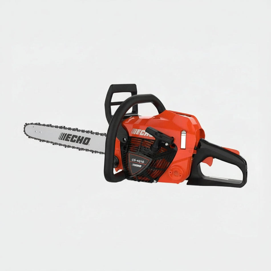Orange and black chainsaw on a light gray background