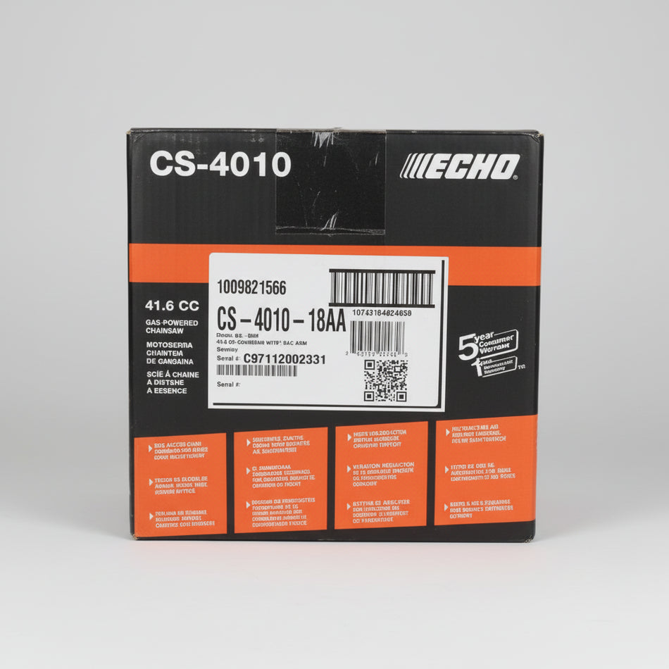 Echo CS-4010 chainsaw packaging on a table with a blurred background