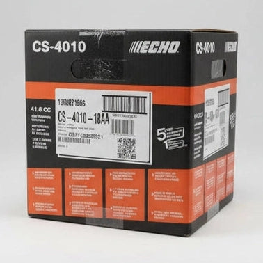 Echo CS-4010 chainsaw packaging on a table with a blurred background