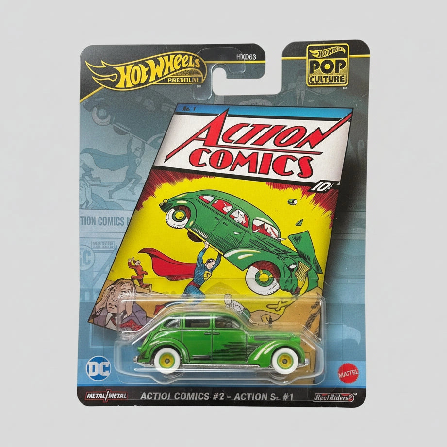 Hot Wheels toy car in packaging with Action Comics theme