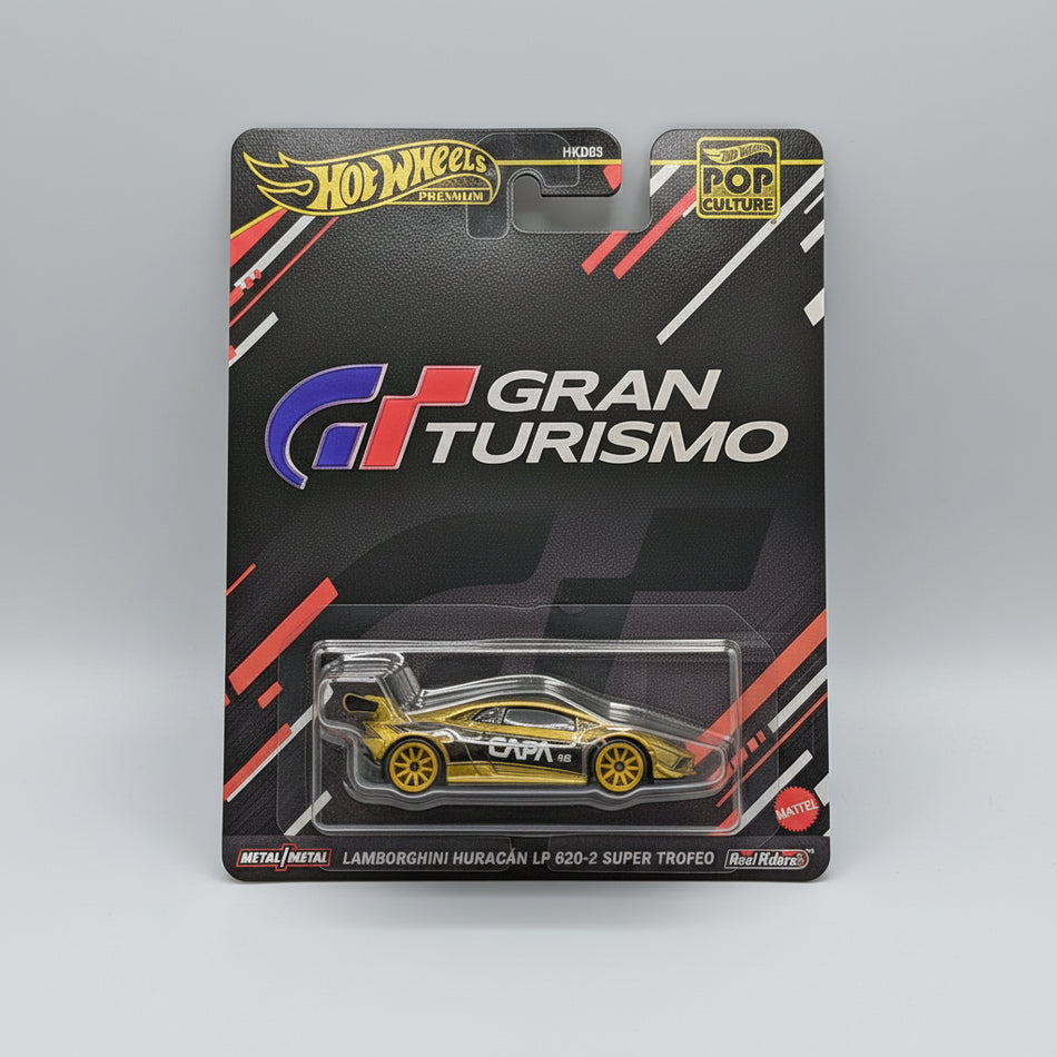 Hot Wheels Gran Turismo Lamborghini Huracán LP 620-2 Super Trofeo toy car packaging on a gray background