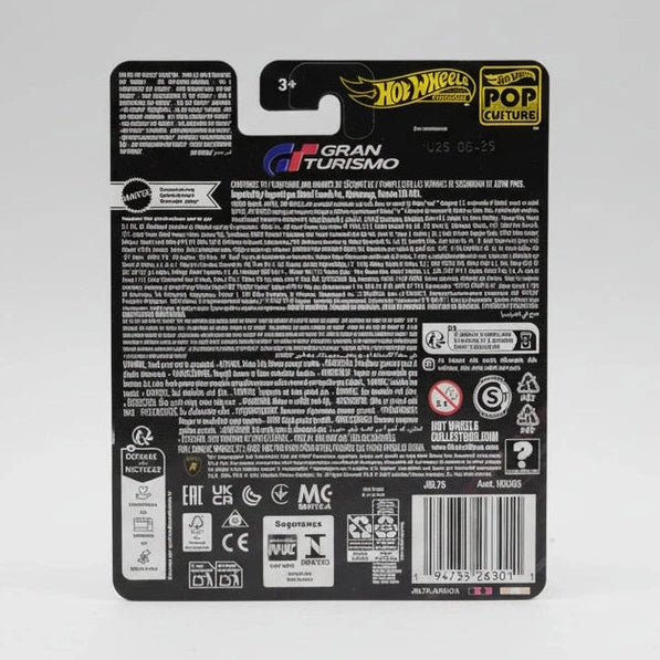 Back view of a Hot Wheels Gran Turismo action figure packaging with branding and product details.