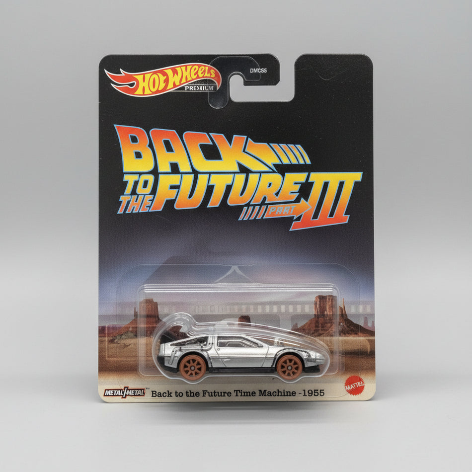 Hot Wheels Back to the Future III toy car packaging on a wooden surface