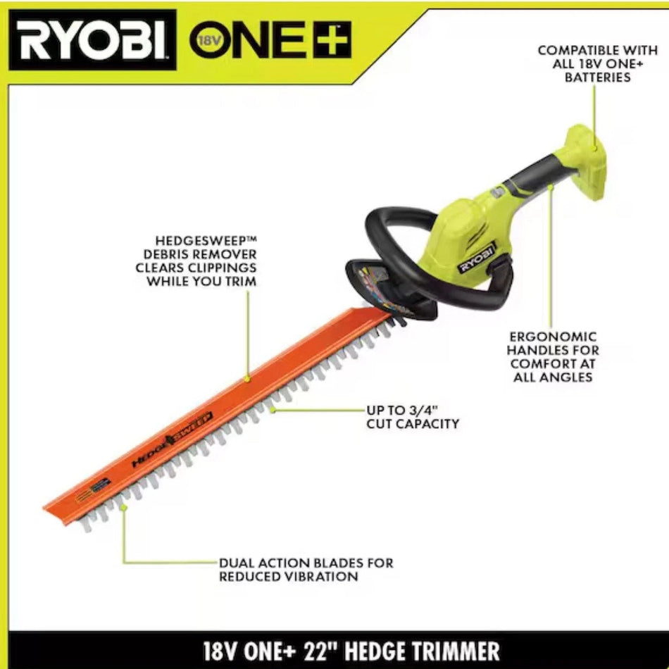 Ryobi hedge trimmer with features highlighted on a white background